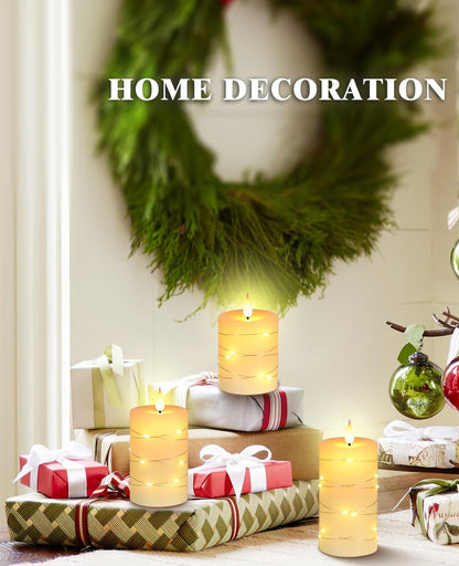 Flameless Candles with String Lights，Battery Operated Candles,Led Flickering Candles with Remote Control and Timer, Real Wax, 3 Pack-Ivory