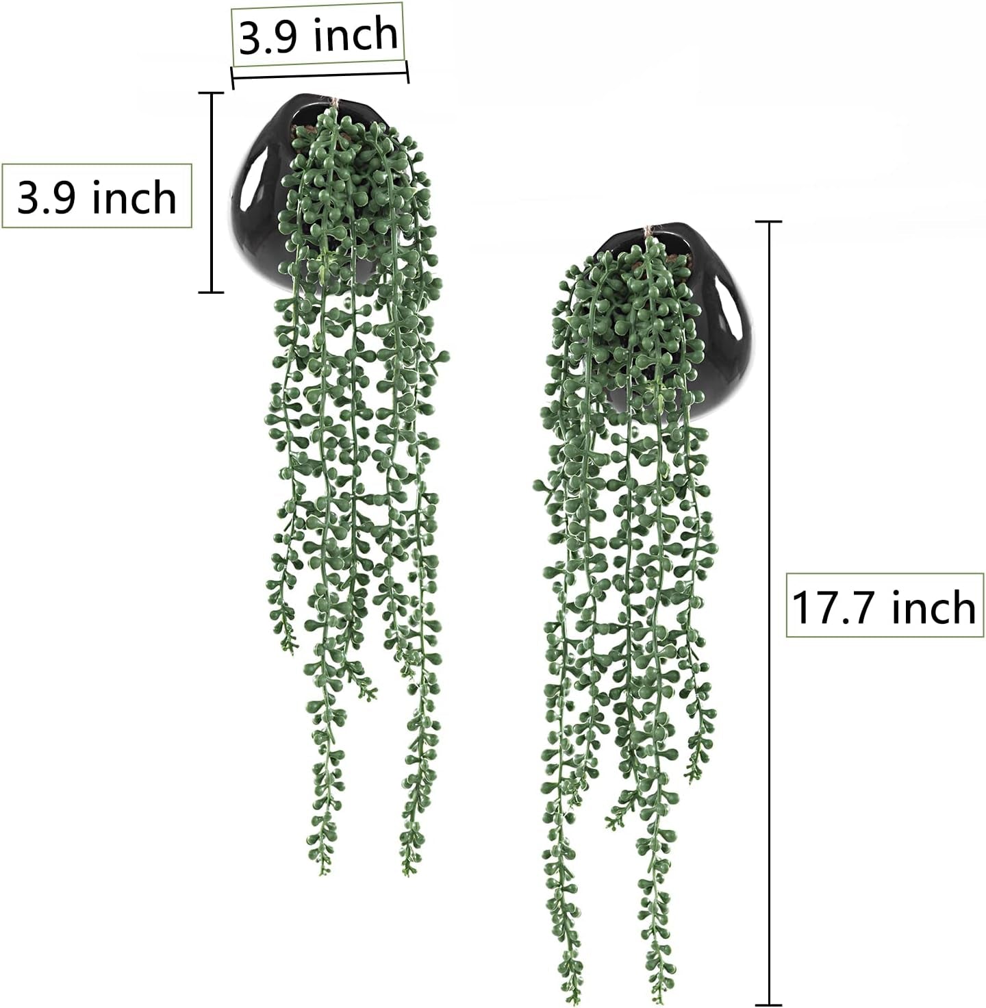 Artificial Hanging Plants, Faux Succulents in Pots, Realistic String of Pearls Plants for Home Office Accessories Window Sill Bathroom Bedroom Fake in Black Ceramic Pots, Set of 2