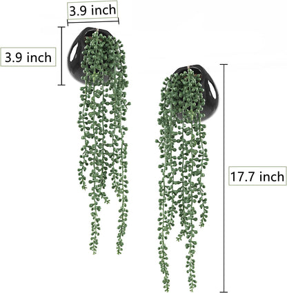 Artificial Hanging Plants, Faux Succulents in Pots, Realistic String of Pearls Plants for Home Office Accessories Window Sill Bathroom Bedroom Fake in Black Ceramic Pots, Set of 2