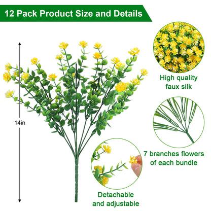 12 Bundles Artificial Flowers for Outdoors, Faux Flowers Fake Plastic Plants for Spring Summer outside Indoor Home Garden Decoration, Yellow