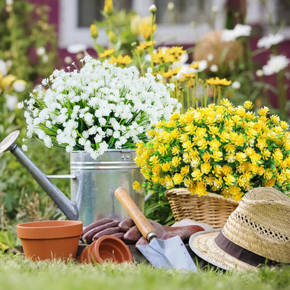 12 Bundles Artificial Flowers for Outdoors, Faux Flowers Fake Plastic Plants for Spring Summer outside Indoor Home Garden Decoration, Yellow