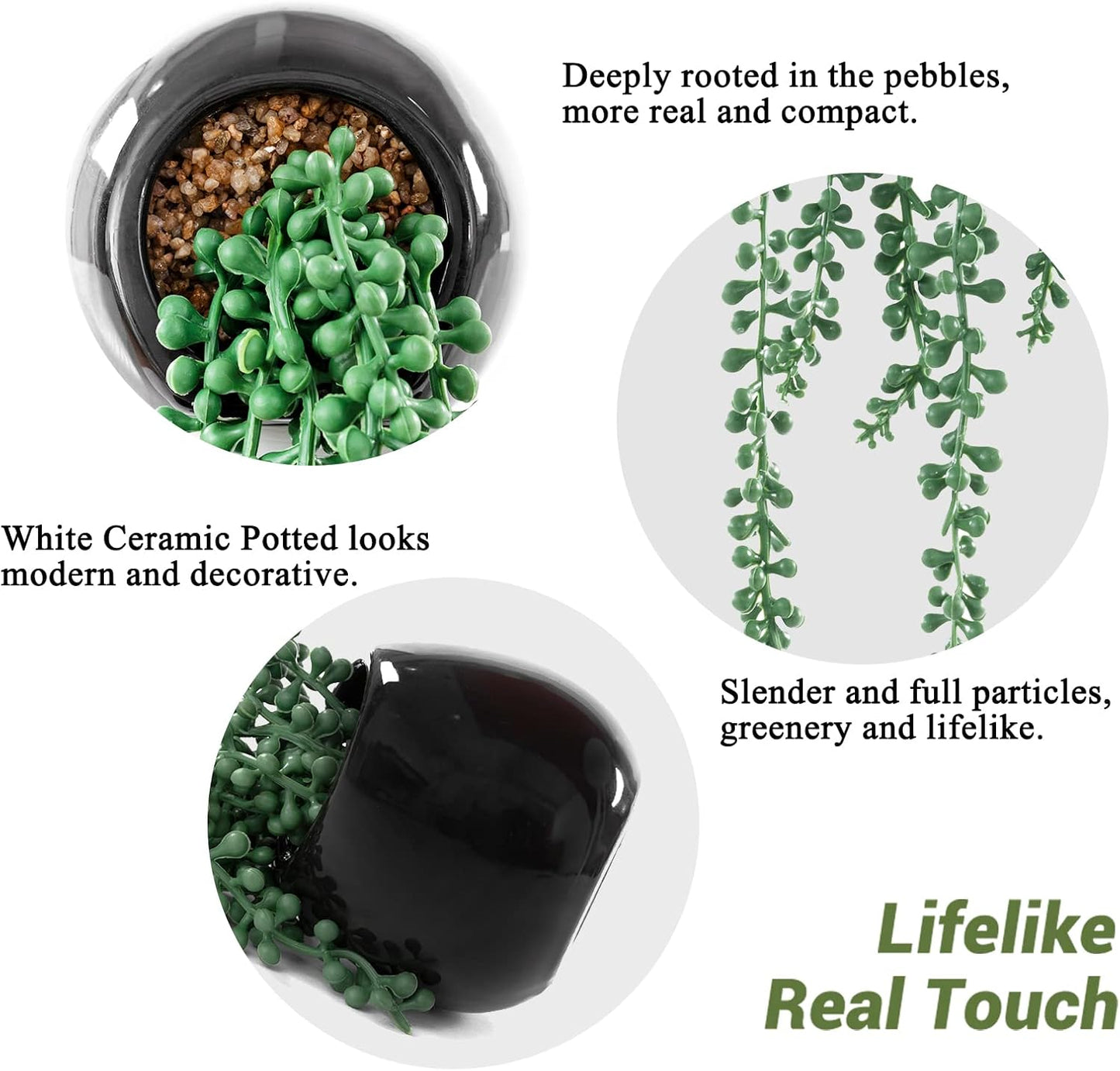 Artificial Hanging Plants, Faux Succulents in Pots, Realistic String of Pearls Plants for Home Office Accessories Window Sill Bathroom Bedroom Fake in Black Ceramic Pots, Set of 2