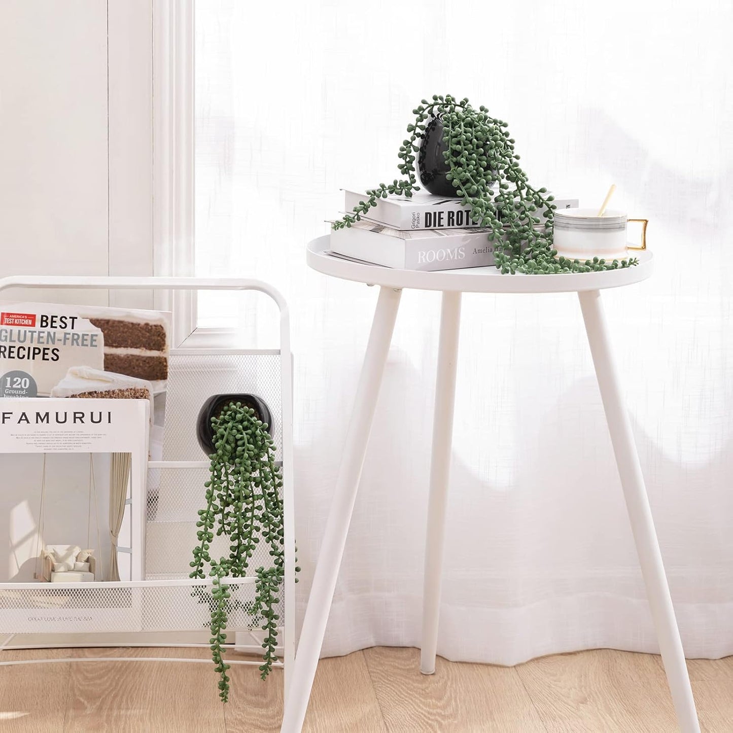 Artificial Hanging Plants, Faux Succulents in Pots, Realistic String of Pearls Plants for Home Office Accessories Window Sill Bathroom Bedroom Fake in Black Ceramic Pots, Set of 2