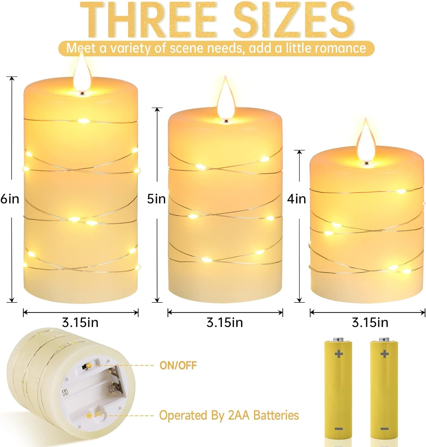 Flameless Candles with String Lights，Battery Operated Candles,Led Flickering Candles with Remote Control and Timer, Real Wax, 3 Pack-Ivory