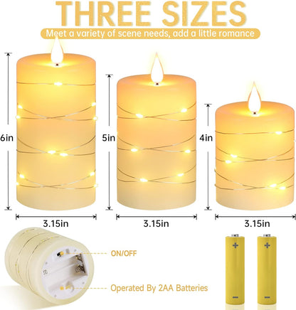 Flameless Candles with String Lights，Battery Operated Candles,Led Flickering Candles with Remote Control and Timer, Real Wax, 3 Pack-Ivory
