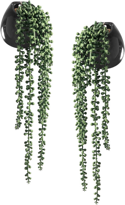 Artificial Hanging Plants, Faux Succulents in Pots, Realistic String of Pearls Plants for Home Office Accessories Window Sill Bathroom Bedroom Fake in Black Ceramic Pots, Set of 2