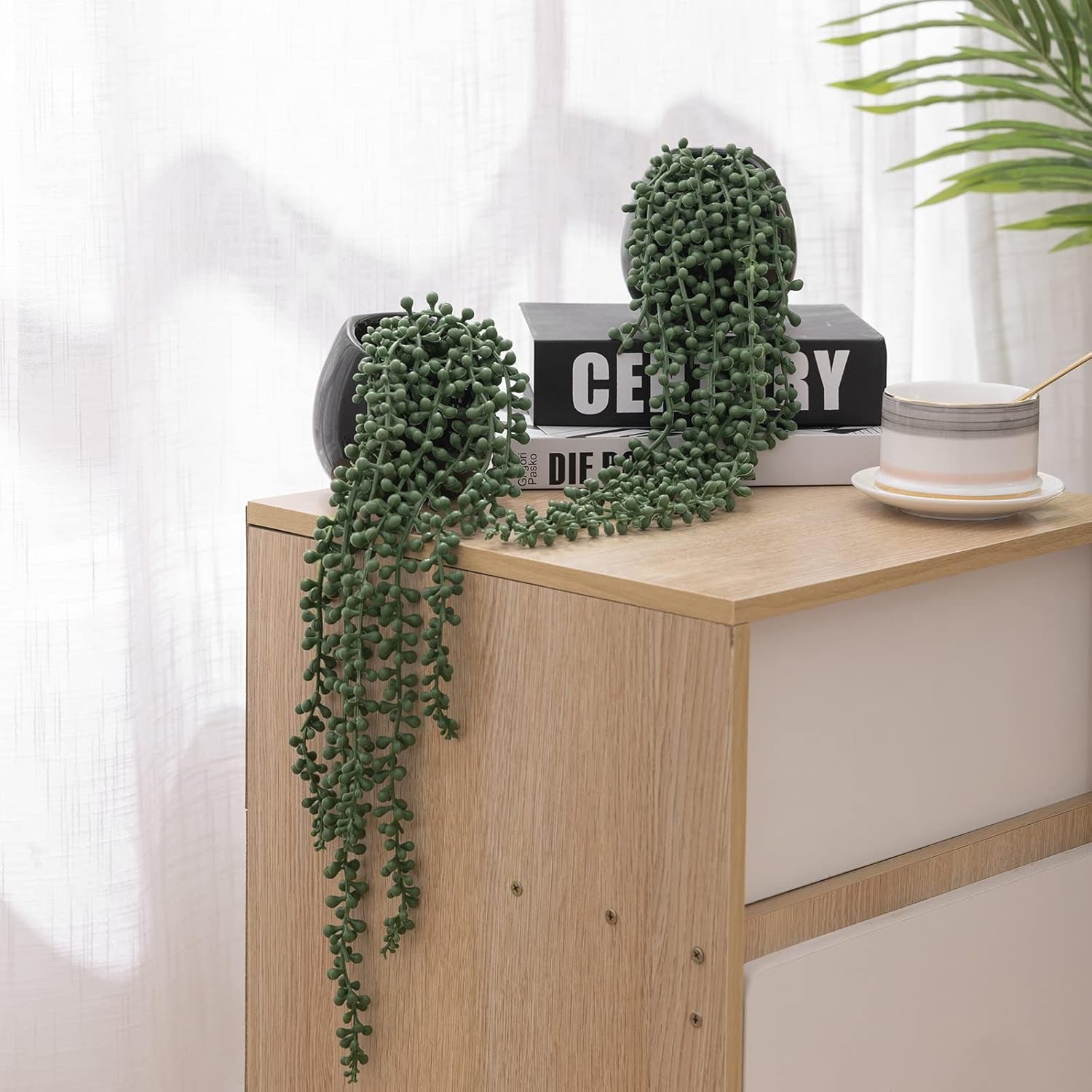 Artificial Hanging Plants, Faux Succulents in Pots, Realistic String of Pearls Plants for Home Office Accessories Window Sill Bathroom Bedroom Fake in Black Ceramic Pots, Set of 2