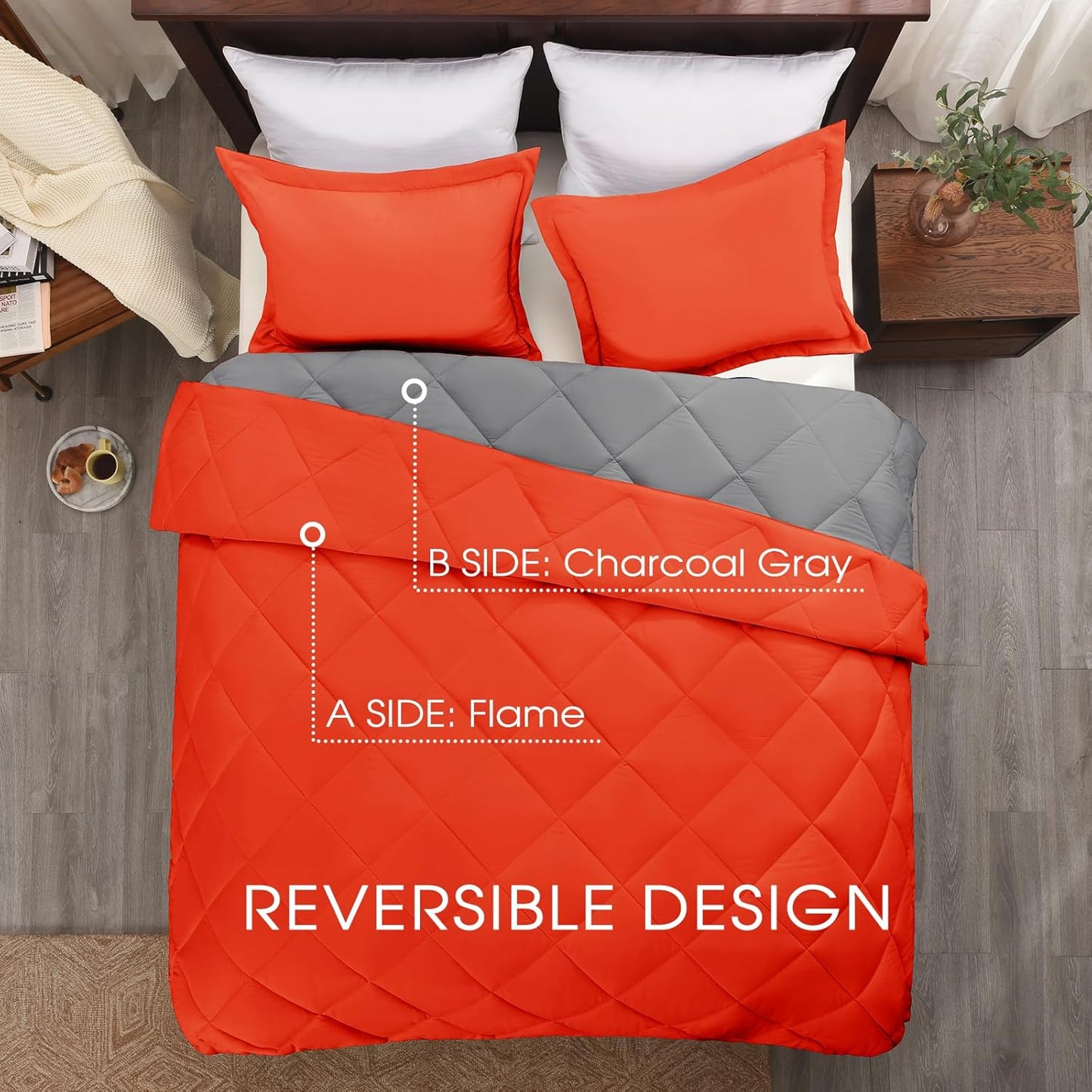 Queen Comforter Set - Orange Comforter Set Queen, Reversible Bed Comforter Queen Set for All Seasons, Flame/Charcoal Gray, 1 Comforter (88"X92") and 2 Pillow Shams (20"X26"+2")