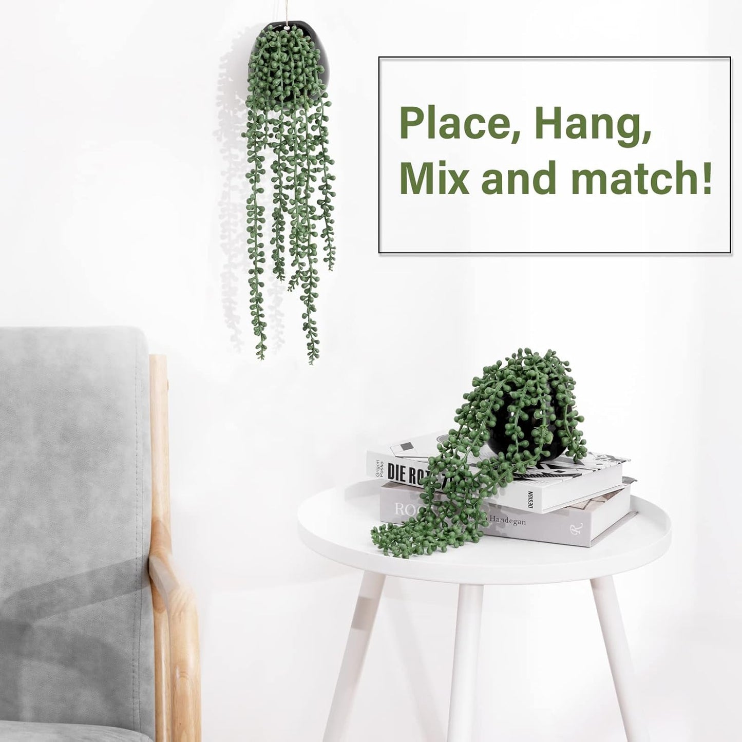 Artificial Hanging Plants, Faux Succulents in Pots, Realistic String of Pearls Plants for Home Office Accessories Window Sill Bathroom Bedroom Fake in Black Ceramic Pots, Set of 2