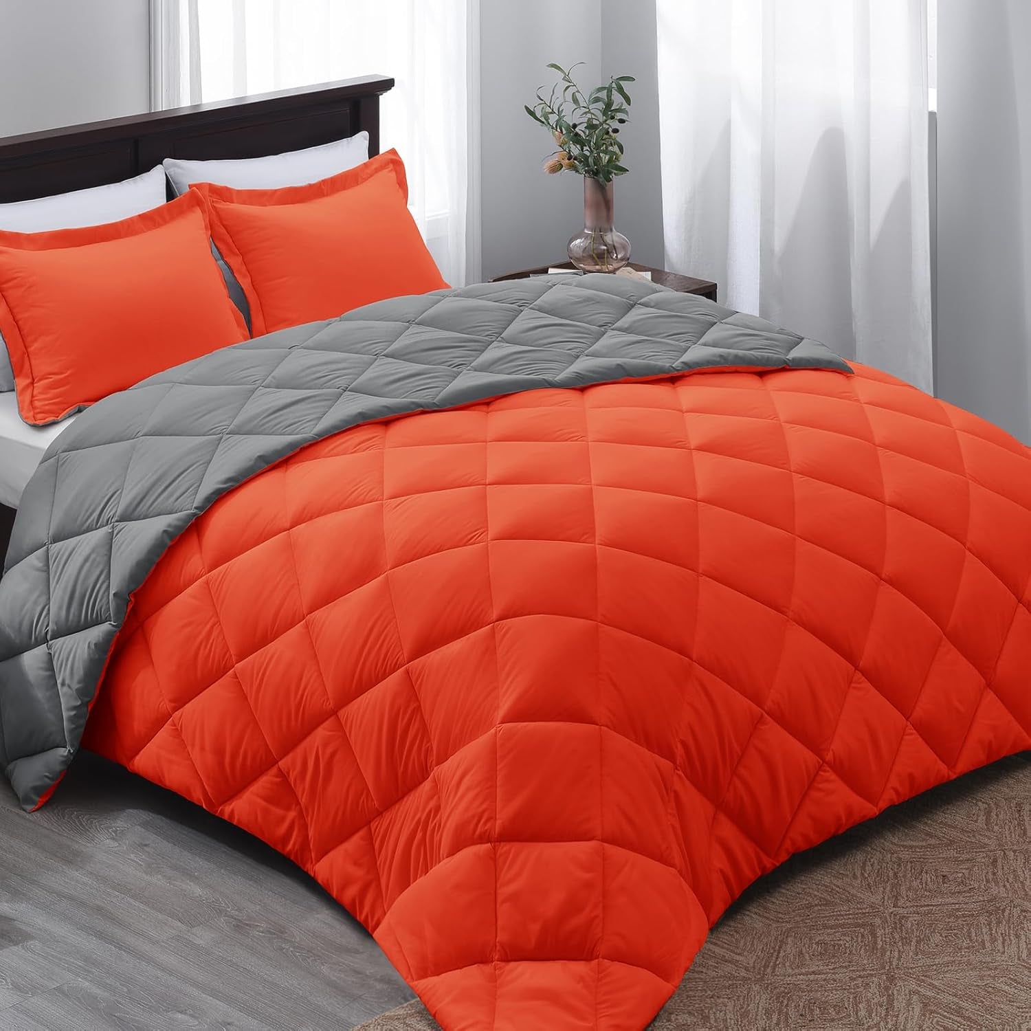 Queen Comforter Set - Orange Comforter Set Queen, Reversible Bed Comforter Queen Set for All Seasons, Flame/Charcoal Gray, 1 Comforter (88"X92") and 2 Pillow Shams (20"X26"+2")