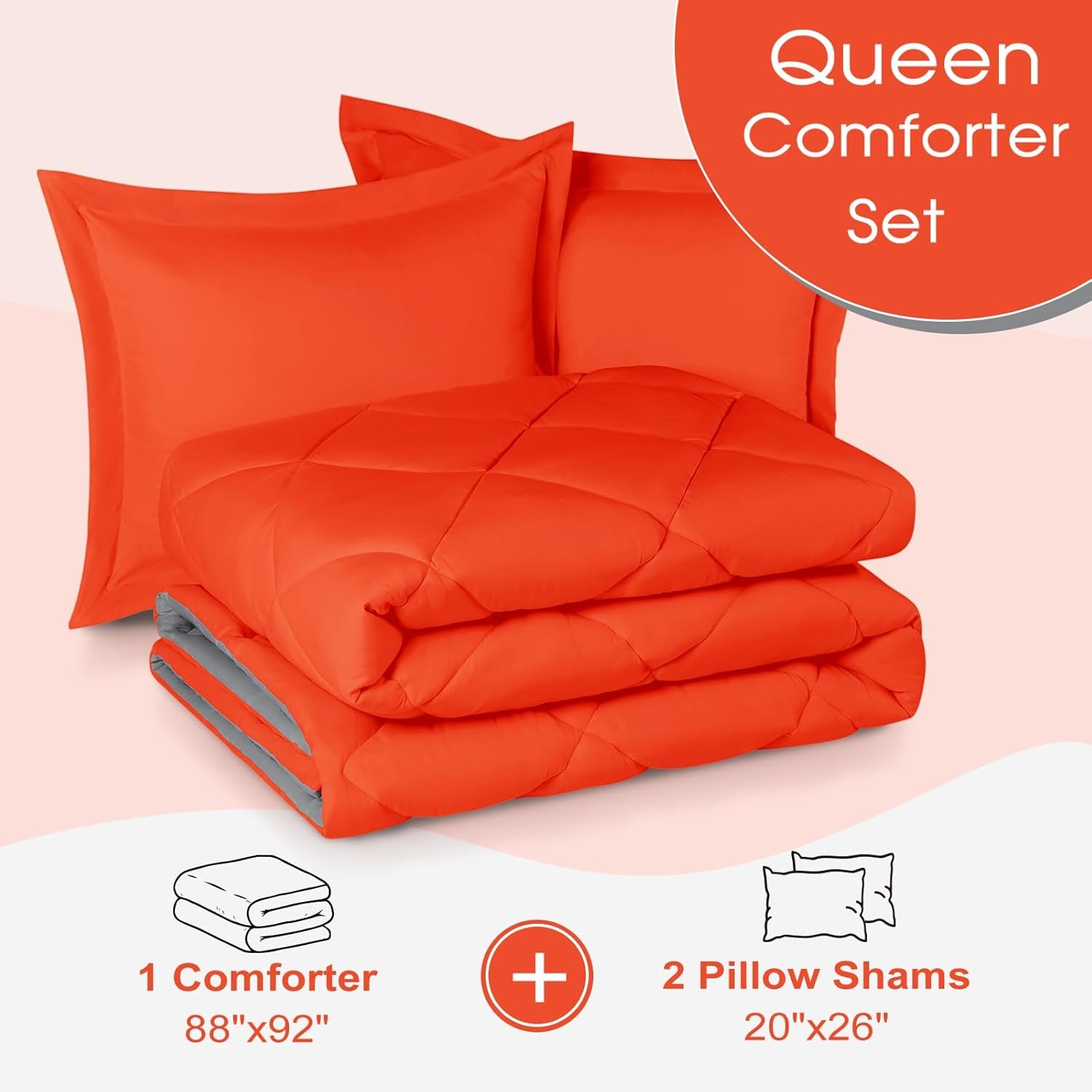 Queen Comforter Set - Orange Comforter Set Queen, Reversible Bed Comforter Queen Set for All Seasons, Flame/Charcoal Gray, 1 Comforter (88"X92") and 2 Pillow Shams (20"X26"+2")