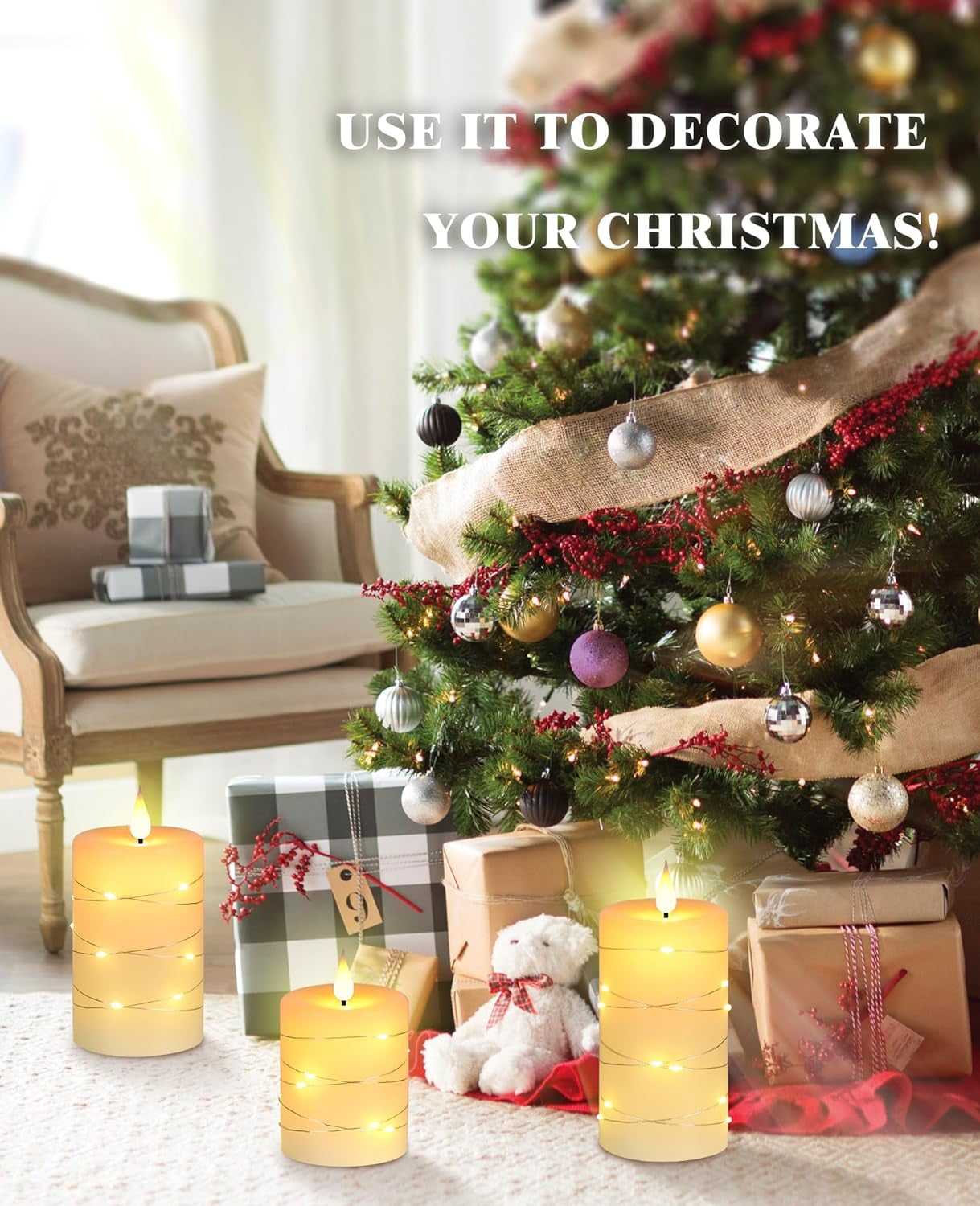 Flameless Candles with String Lights，Battery Operated Candles,Led Flickering Candles with Remote Control and Timer, Real Wax, 3 Pack-Ivory