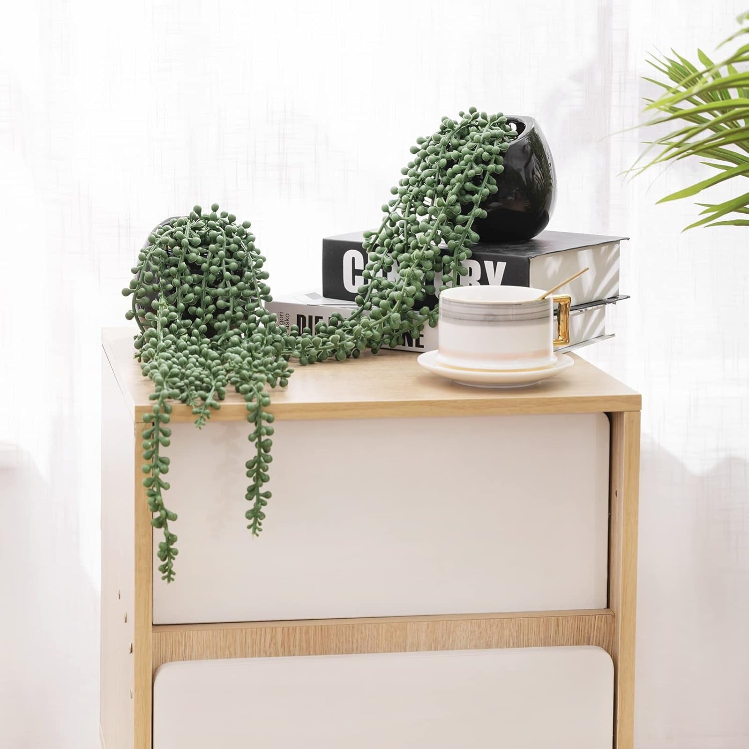 Artificial Hanging Plants, Faux Succulents in Pots, Realistic String of Pearls Plants for Home Office Accessories Window Sill Bathroom Bedroom Fake in Black Ceramic Pots, Set of 2