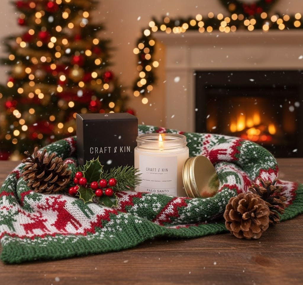 Palo Santo Christmas Scented Candle | 8 Oz 45 Hour Long Lasting | Classic Soy Woodwick Winter Candles | Made with Natural Soy | Holiday Candles Gifts for Men and Women