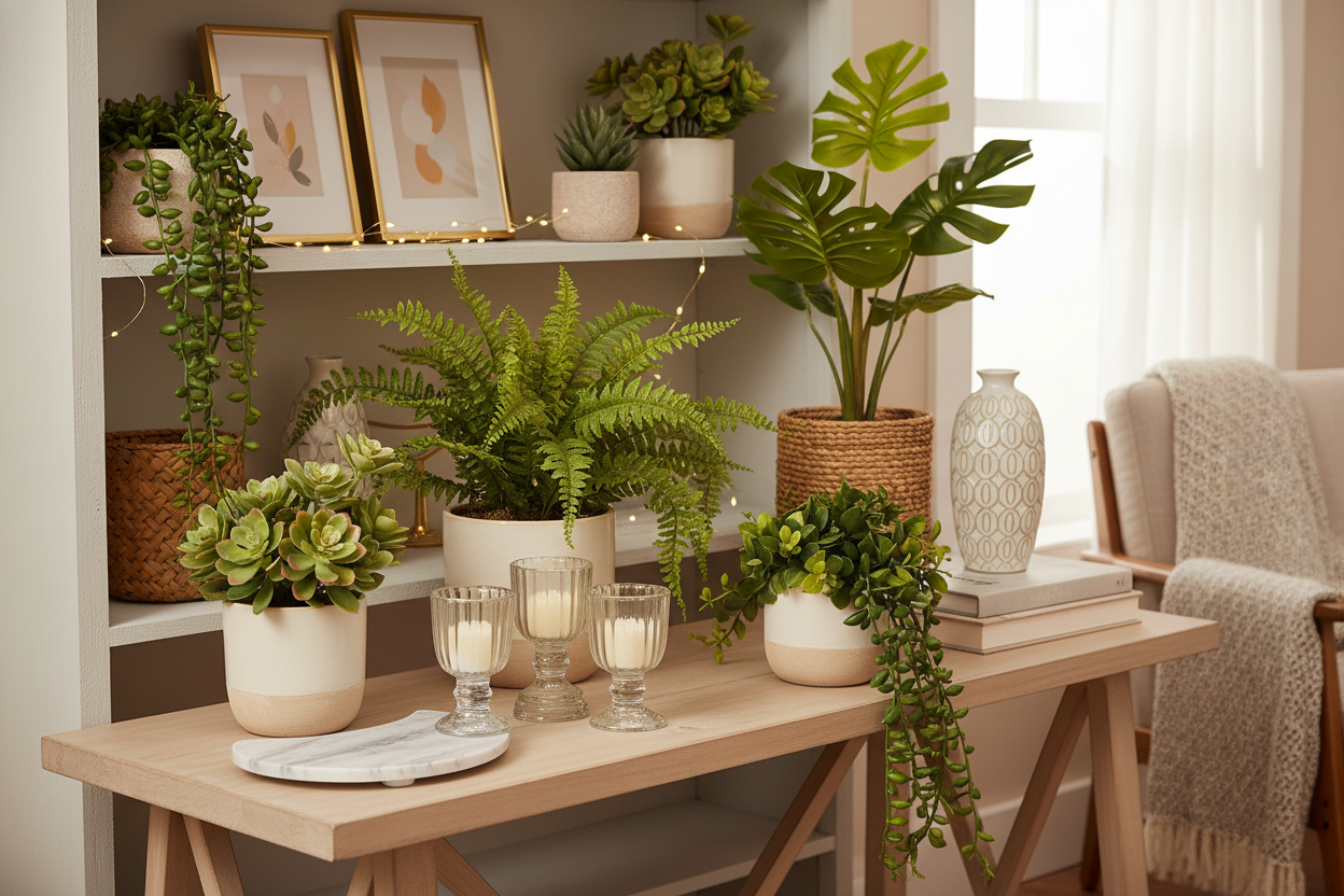 fake plants surrounding beautiful decor to catch peoples eye